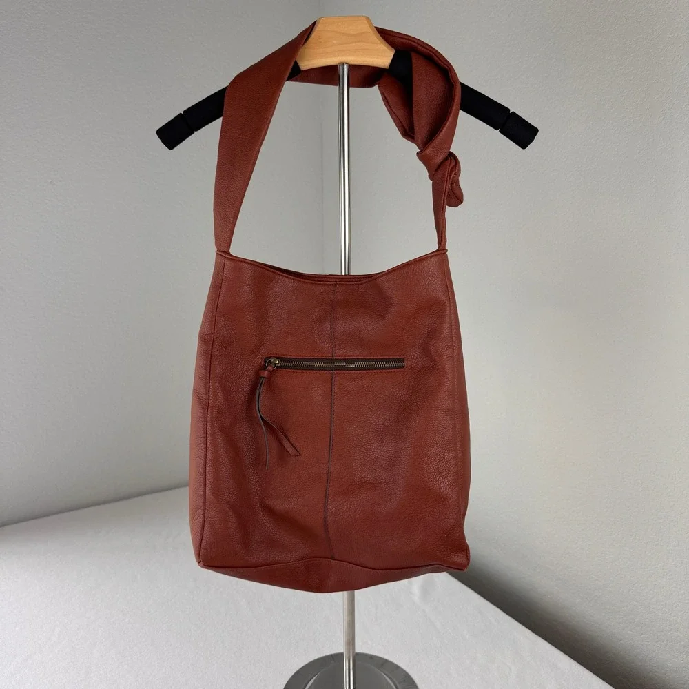 Brown Faux Leather Hobo Shoulder Bag Knot Strap Slouchy Soft Tote Purse